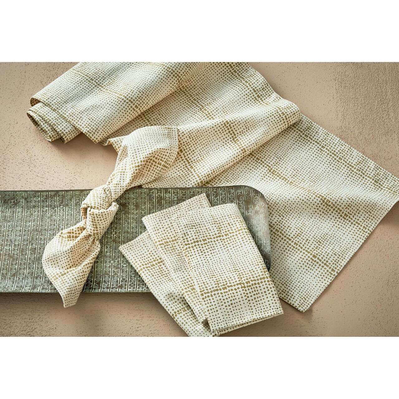 Wabi Sabi Dot Block Print on Beige Background Cotton Machine Washable Table Runner Décor Decoration 72" x 14.5"-in.